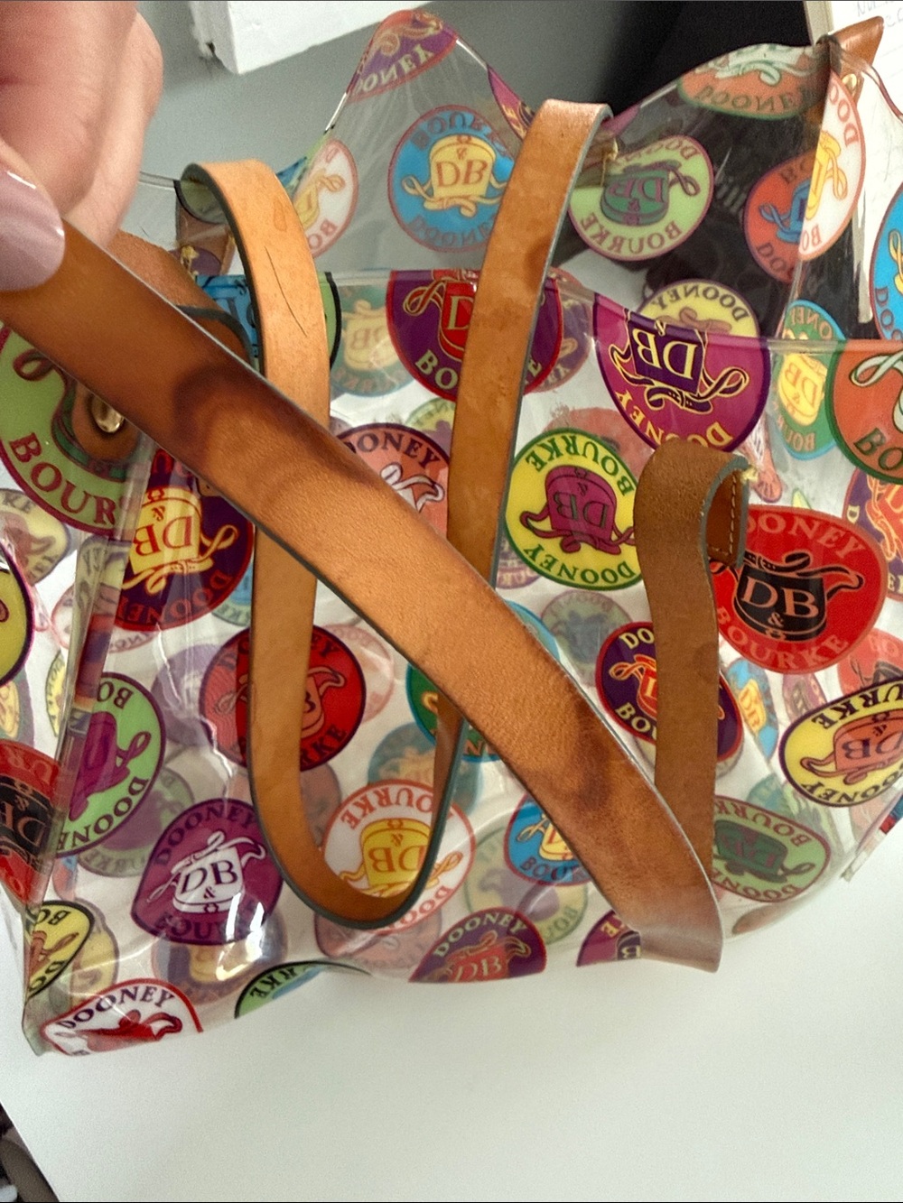 Dooney & Bourke Clear Tote with Multicolor Logo Medallions and Brown Straps - Picture 2 of 2